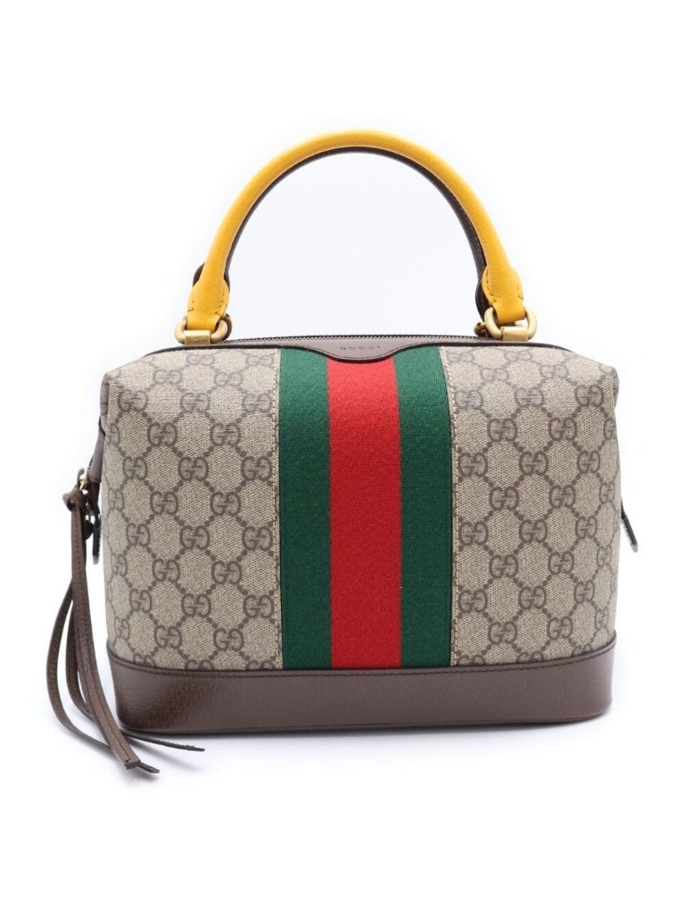 Gucci GG Supreme Mini Boston Bag Yellow Beige Brown Leather Gold